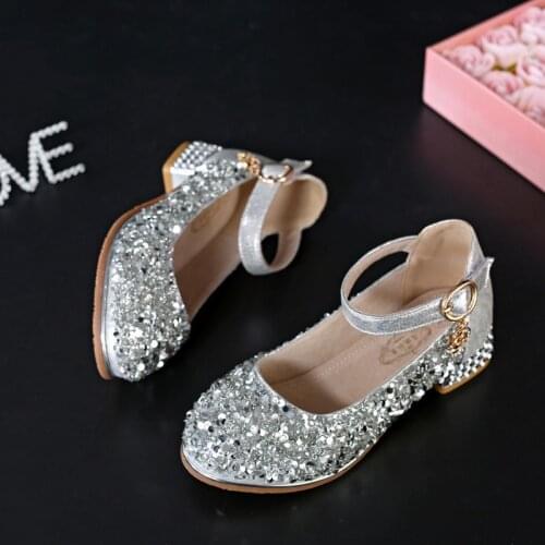 3-13 years old childrens fashion crystal sequins girly silver lace high heels princess prom wedding childrens shoes