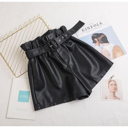 Fashion High Waist Shorts Woman A-line Elegant Leather Shorts Female Wide-legged Shorts Ladies High Waist PU Leather Shorts H426