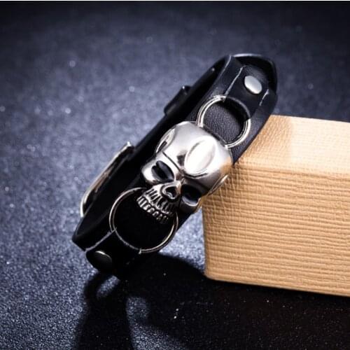 Vintage Hip Hop Punk Cool Party Accessories Retro Gothic Style PU Leather Skull Bracelet For Men Fashion Rock Hands Jewelry Gift