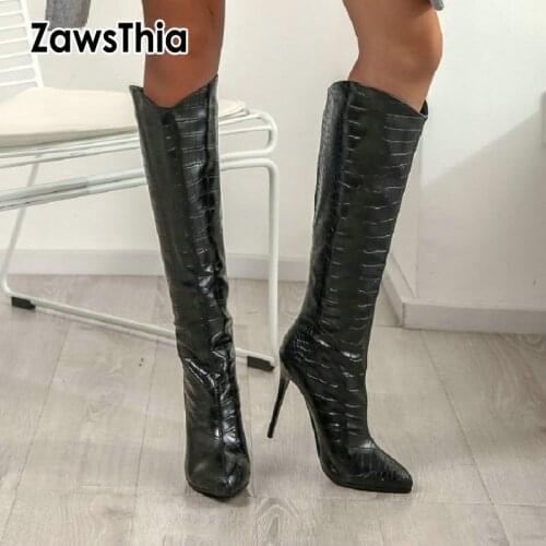 ZawsThia 2020 new winter woman thin high heels boots white black patent PU leather snake pattern woman knee high boots booties