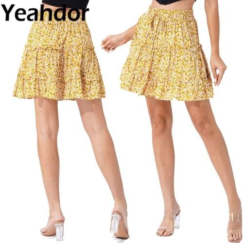 Women Summer Beach Casual Skirts 2021 High Waist Allover Floral Print Ruffle Hem Knee Length A-line Skirt Fashion Streetwear