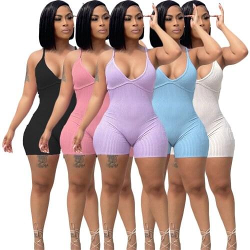 Women Playsuit Sleeveless V-neck Spaghetti Backless Criss Cross Strechy Bodycon Playsuits Fitness Sporty Outfits Summer Romper