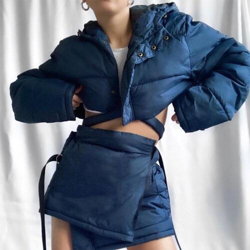 Biker Style Two Piece Set Women Skirt Autumn High Street Thicken Hooded Long Sleeve Top+Solid Bandage Straight Skirt