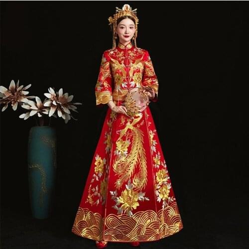 Tang suit Qipao Red formal dress royal wedding cheongsam costume bride Chinese traditional embroidery phoenix cheongsam modern