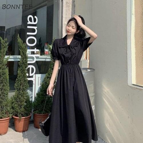Dress Women Vestidos Solid Vintage Temperament Puff Sleeve Simple Empire Retro Fashion Design Peter Pan Collar All-match College