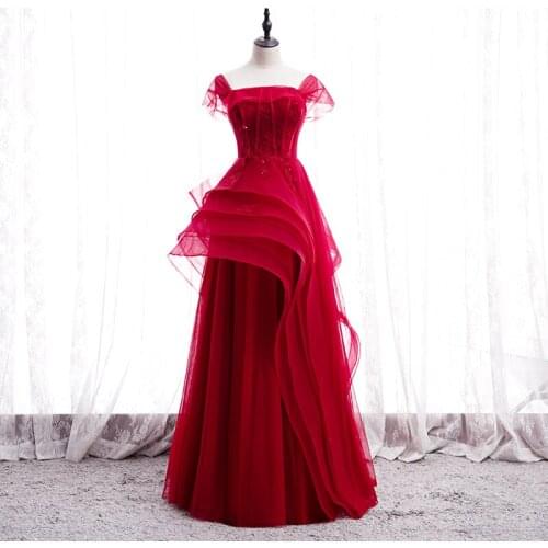 Bespoke Occasion Dresses Vintage Square Collar Short Sequined Beading Luxury Burgundy Backless Women Formal Evening Gown HB234