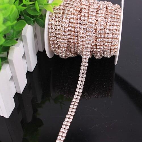 1 Rose Gold 2/4 Row Rhinestone Trim Applique Crystal Rhinestone Trim Clear Close Chain Silver Golden Cake Ribbon Costume Dress