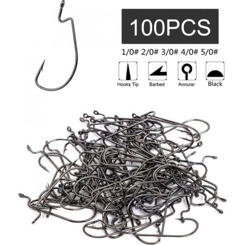 100pcs Fishing Hooks Set 1/0# 2/0# 3/0# 4/0# 5/0# Carbon Steel Wide Crank Barb Fishhook for Soft Worm Bait Fishing Hooks