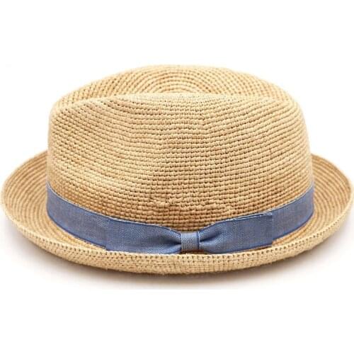 202006-gaoda-150102 summer handmade fine raffia grass blue bowknot classic fedoras cap men women panama jazz outdoor hat