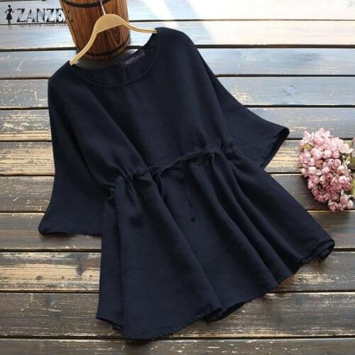 2021 ZANZEA Elegant Women Solid Blouse Summer Short Sleeve Tops Casual Vintage Blusas Chemise Loose Cotton Shirt Tunic