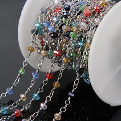 5Meter Mixed Colors Glass Faceted Rondelle Beads Chains,Plated Sliver Wire Wrapped Rosary Chain Necklace Charms Jewelry