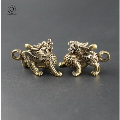 Pure Copper Car Key Ring Pendants Charms Chinese Mythical Beast Lucky Kirin Figurines Vintage Rope Keychains Keyrings Hangings