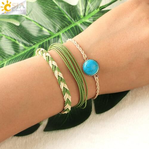 CSJA Charms Bracelet Set Simple Blue Turquoises Pendant Bracelet Bangle String Rope Chain Jewelry Pulseras Mujer Femme Gift S607