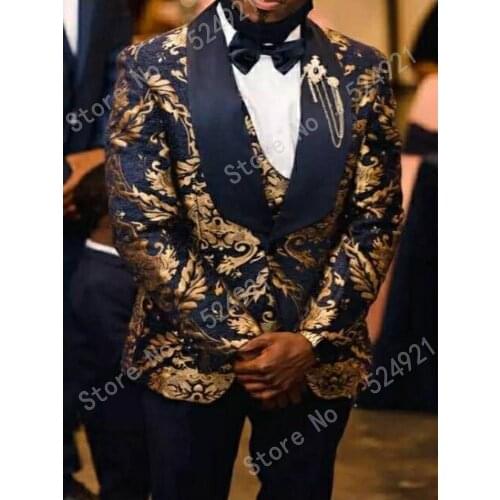 Men Suits Navy Blue with Gold Pattern Groom Tuxedos Shawl Lapel Groomsmen Wedding Bridegroom ( Jacket+Pants+Vest+Tie ) D195