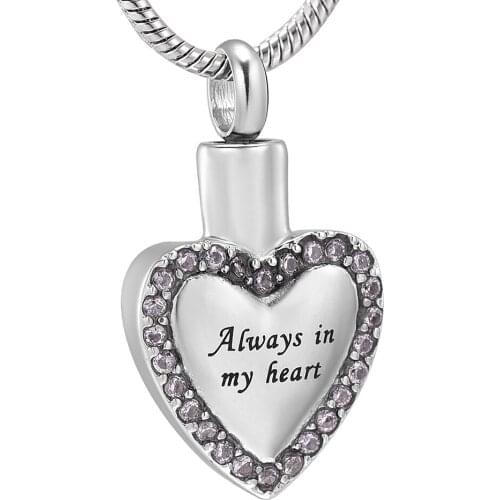 IJD9822 Inlay Pink Zircon Heart Cremation Jewelry -Carved Always In My Heart Stainless Steel Memorial Urn Pendant Ashes Necklace