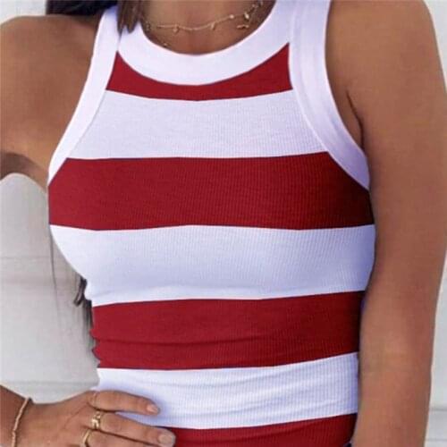 Womens 2020 Rib Summer Tank Tops Small Fresh New Simple Striped Color Matching Crew Neck Vest Sexy Sling Stretch