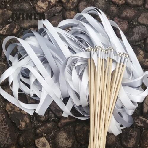 Newest 50pcs/lot white grey stain ribbon wedding wands With sliver Bells for wedding decoration