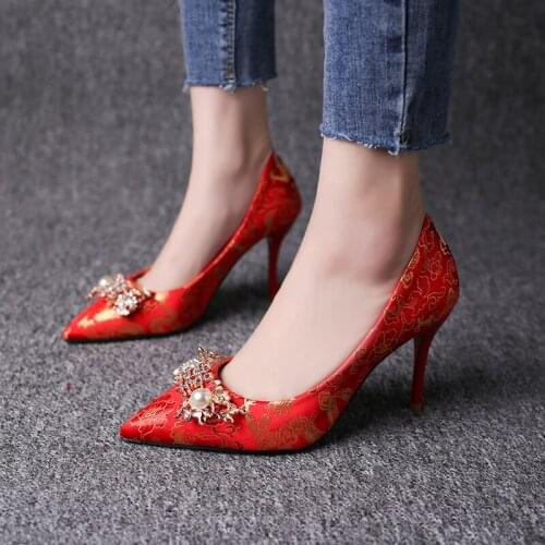 New Pointed Toe High Heels Shoes Female Fashion Pearl Red Bottom High Heels Thin Heels Women Pumps Luxury Shoes Women W37-55