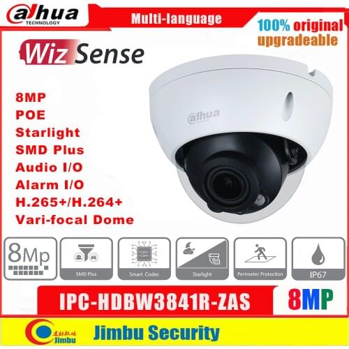 Original Dahua 8MP Dome WizSense Network POE IPC-HDBW3841R-ZAS Starlight Surveillance Camera 4K IP Camera CCTV Webcam Indoor
