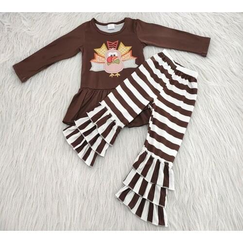Fall kids long sleeve outfit brown top match stripes ruffle pants girl 2pieces set girl thanksgiving day turkey outfit