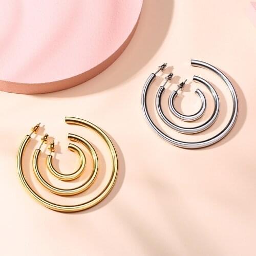 Meaeguet Classic Open Round Stud Earrings Brincos For Women Jewelry Simple Big Exaggeration Stainless Steel Ear Bijoux