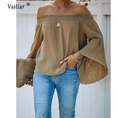 Sexy Slash Neck Women Blouse 2021 Flare Sleeve Loose Office Work Tops Casual Woman Oversized Solid Party Shirts