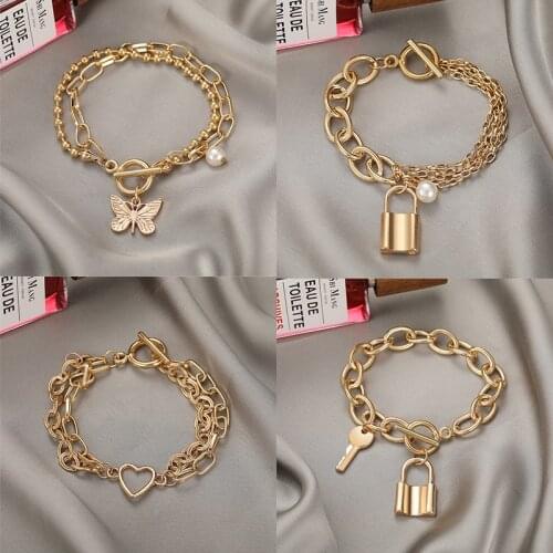 Fashion Heart Butterfly Pearl Chain Bracelet For Women Girls Gold Lock Key Rhinestone Lock Bangles Bracelets Jewelry Gifts