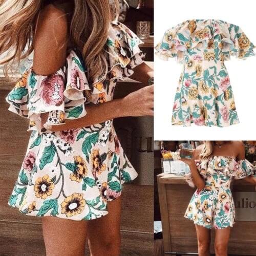 Womens Summer Off Shoulder Ruffle Romper Short Suspenders Jumpsuits Overall Lady Floral Printed Playsuit Beach Short Jumpsuit