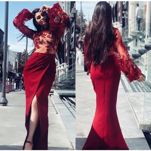 Elegant Long Sleeve Lace Mermaid Evening Dresses with Slit Zipper Back High Neck Abendkleider Formal Party Gown for Women