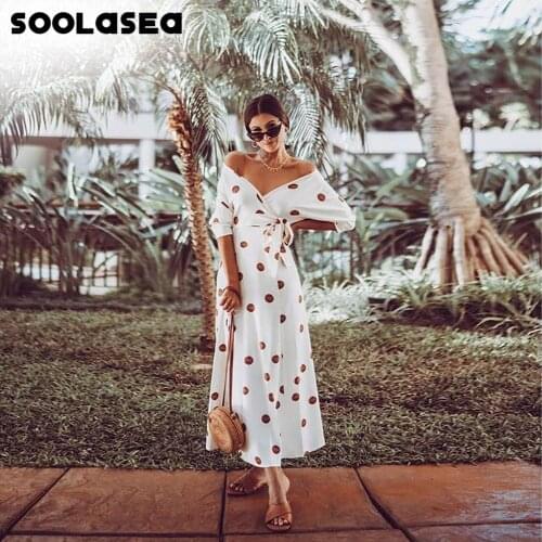 Soolasea BOHO Summer Dress Women Vintage Dress Casual Polka Dot Print A-Line Off shoulder Sexy V-neck Short Sleeve Long Dress