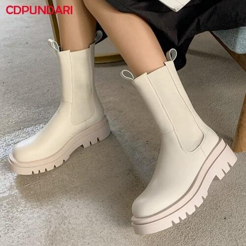 Women Black White Flat Platform Ankle Boots Chelsea Ladies Autumn Winter Chunky Short Boots Shoes Bottes Plateforme Femme