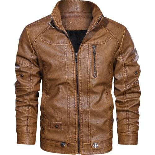 CARANFIER Fashion Winter Leather Jacket Men Stand Collar Motorcycle Washed Retro Velour Leather Jacket European Size Mens Coats