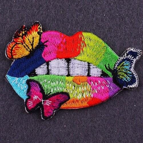 Pulaqi Colored Lips Stripes Applique Patch Butterfly Lips Embroidered Patches for Clothing Stickers Badges for Clothes Patch