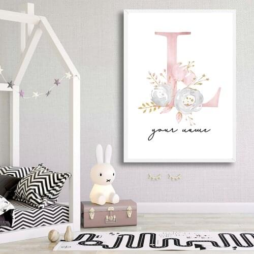 Baby Posters Personalized Girls Name Custom Poster Nursery Prints Pink Flowers Wall Art Canvas Painting Pictures For Girls Room