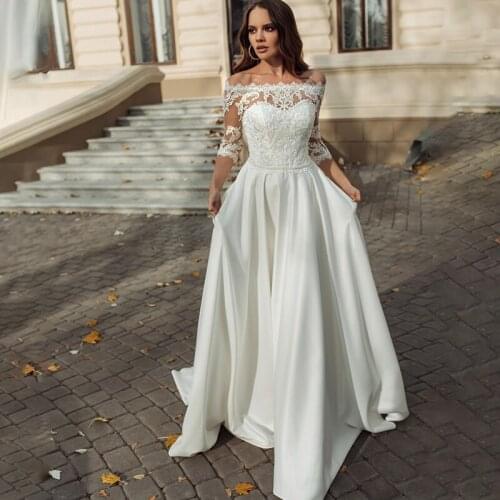 Elegant 3/4 Sleeves A line Satin Wedding Dress 2021Newest Appliques Beach Bridal Dress for Women vestido de fiesta de boda