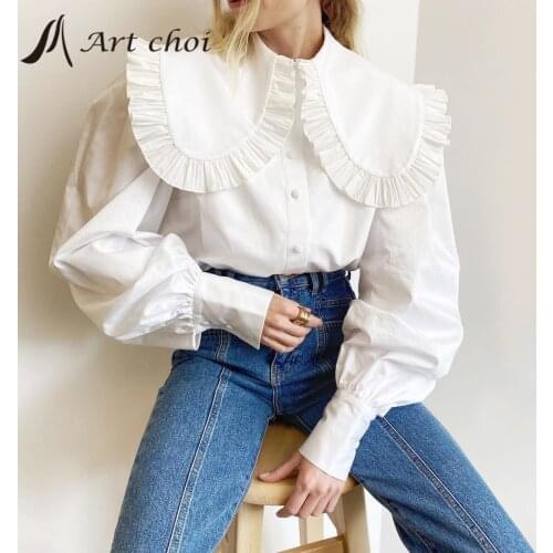 French Women Fashion Tops T Shirt Spring Summer Tops Bodycon Elagant Blouse Puff Sleeve Doll Collar Cotton Female Work Office
