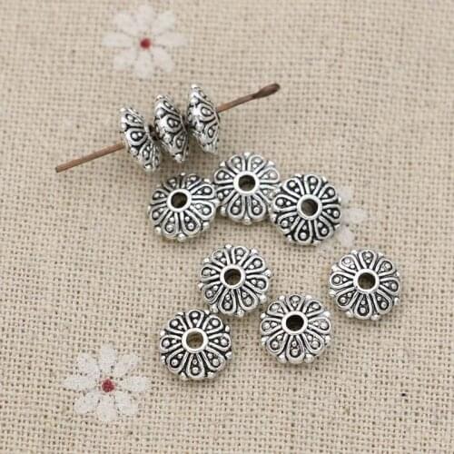 40pcs Antique Silver Plated Round Flower Loose Spacer Beads for Jewelry Making Bracelet DIY Findings 10x4mm