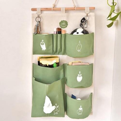 Wall Hanging Storage Bag Canvas Multi-pocket Organizer Cute Owl Door Wardrobe Washable Underwear Sock Container Sundries Bags