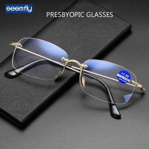 Seemfly Ultralight Anti-blue Light Bifocal Reading Glasses Fashion Rimless Soft Presbyopic Glasses Unisex With Degree +1.0to+4.0