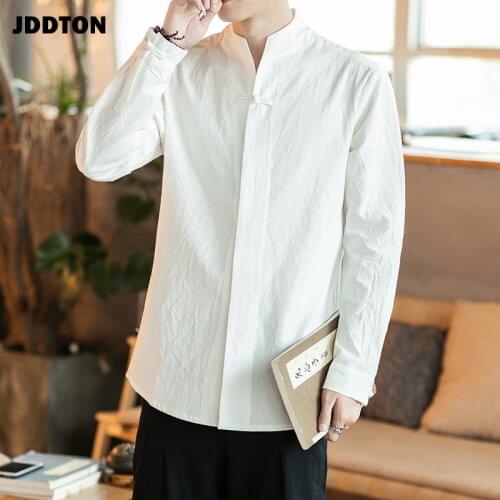 JDDTON Mens Long Sleeve Shirts Solid Chinese Style Cotton And Linen Casual Loose Man Clothing Male Retro Shirt Streetwear JE147