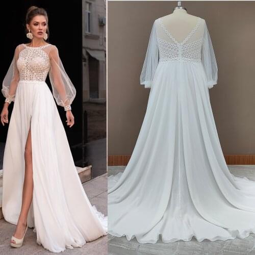 Round Neck Long Sheer Sleeves Lace Bridal Gown Front Slit Summer Chiffon V-Back Handmade Plus Size Custom Made Wedding Dresses