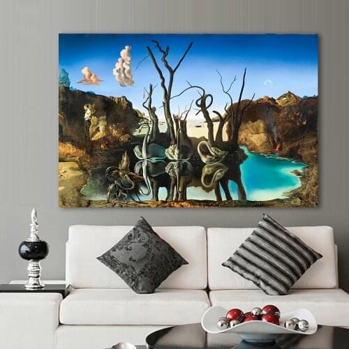 Salvador Dali Swans Reflecting Elephants Poster Spain Autumn Landscape Canvas Painting Abstract Wall Art Picture Living Room