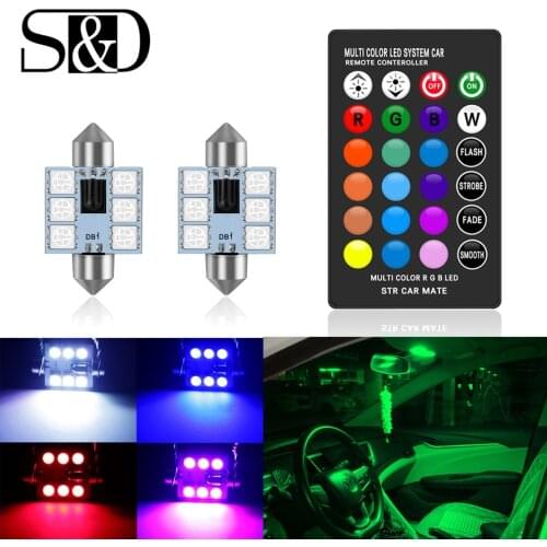 C5W LED 31mm 36mm 39mm 41mm C10W RGB 5050 6SMD Festoon Light w/ Remote Control Car Inteiror Bulb Dome Reading Door Lamp Auto 12V