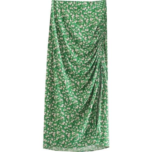 Za New Summer Vintage Green Flower Print Skirt Women High Waist Package Hip Pencilskirt Fold Effect Side Split Skirts