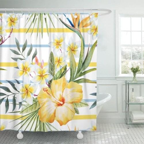 Shower Curtain Watercolor Tropical Pattern Yellow Hibiscus Flower White Plumeria Waterproof Polyester Fabric 60 x 72 inches Set