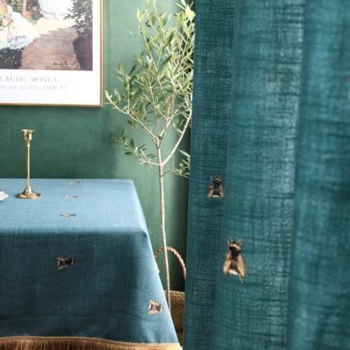 Curtains for Living Dining Room Bedroom Imitation Cotton and Linen Retro Green Bee Printing American Curtain Luxury Nordic