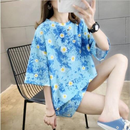 Flower Print T-shirt Women New Fashion Short Sleeve Round Neck Women Tops Tees Casual Loose Tshirt Women