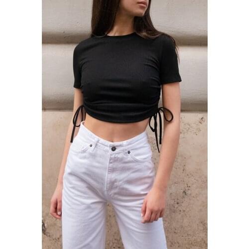 Drawstring T-Shirt Women Trend Fashion Short Sleeve Stylish Round Neck Solid Color Crop Top Unique Design Skin-Friendly S M L