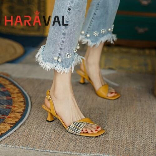 HARAVAL Women Sandals Shoes High Heels Brown Modern Sandals Casual Buckle Strap Elegant Shoes Women Patchwork Footwaer B333