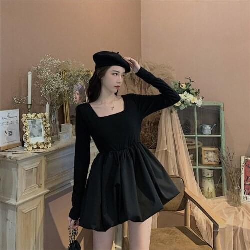 Women Dresses Womens Winter Square Collar High Waist Long Sleeves Dress Vestido De Mujer